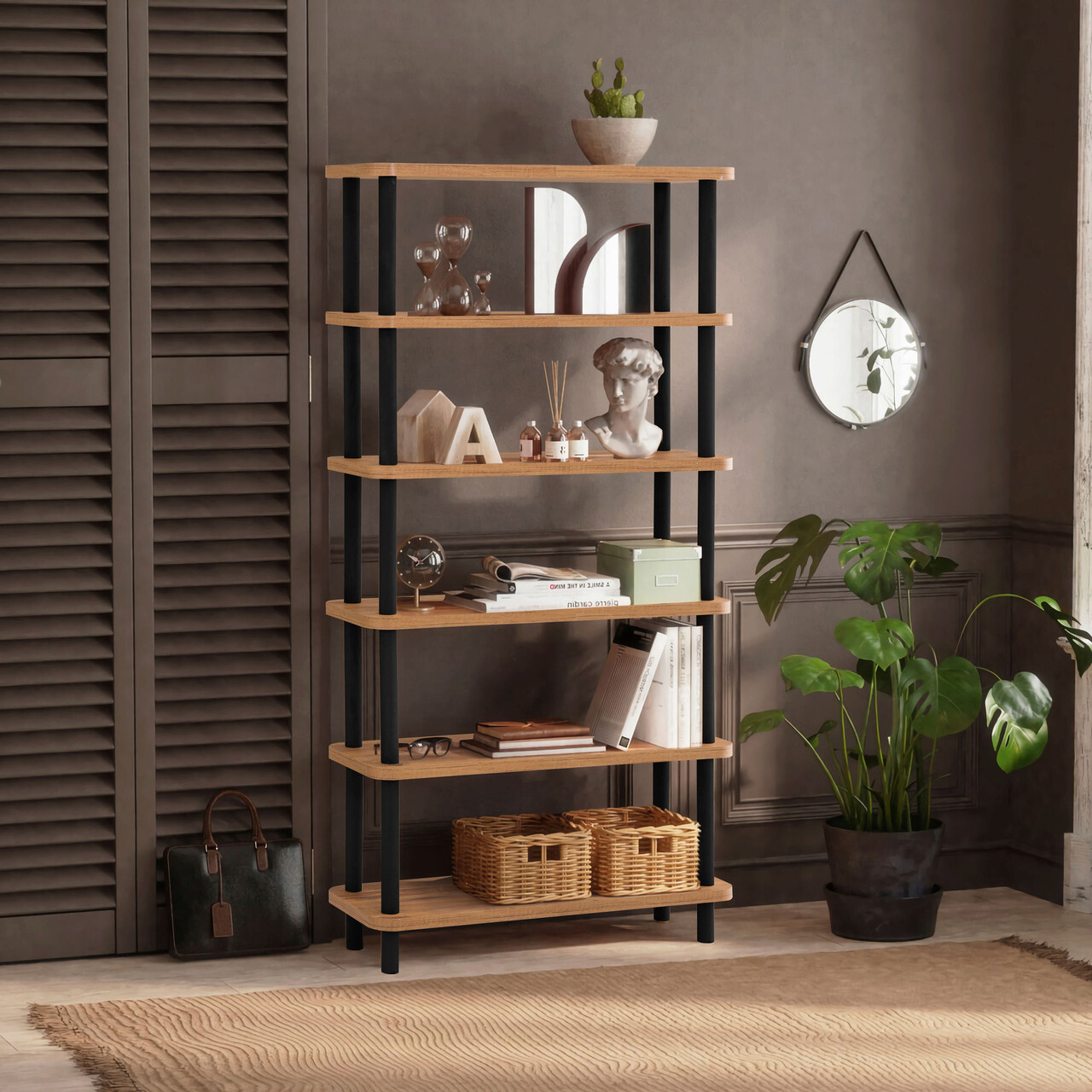 Corp biblioteca, Hanah Home, Gala, 80x168.5x28 cm, Negru / Pin Atlantic - imagine 7